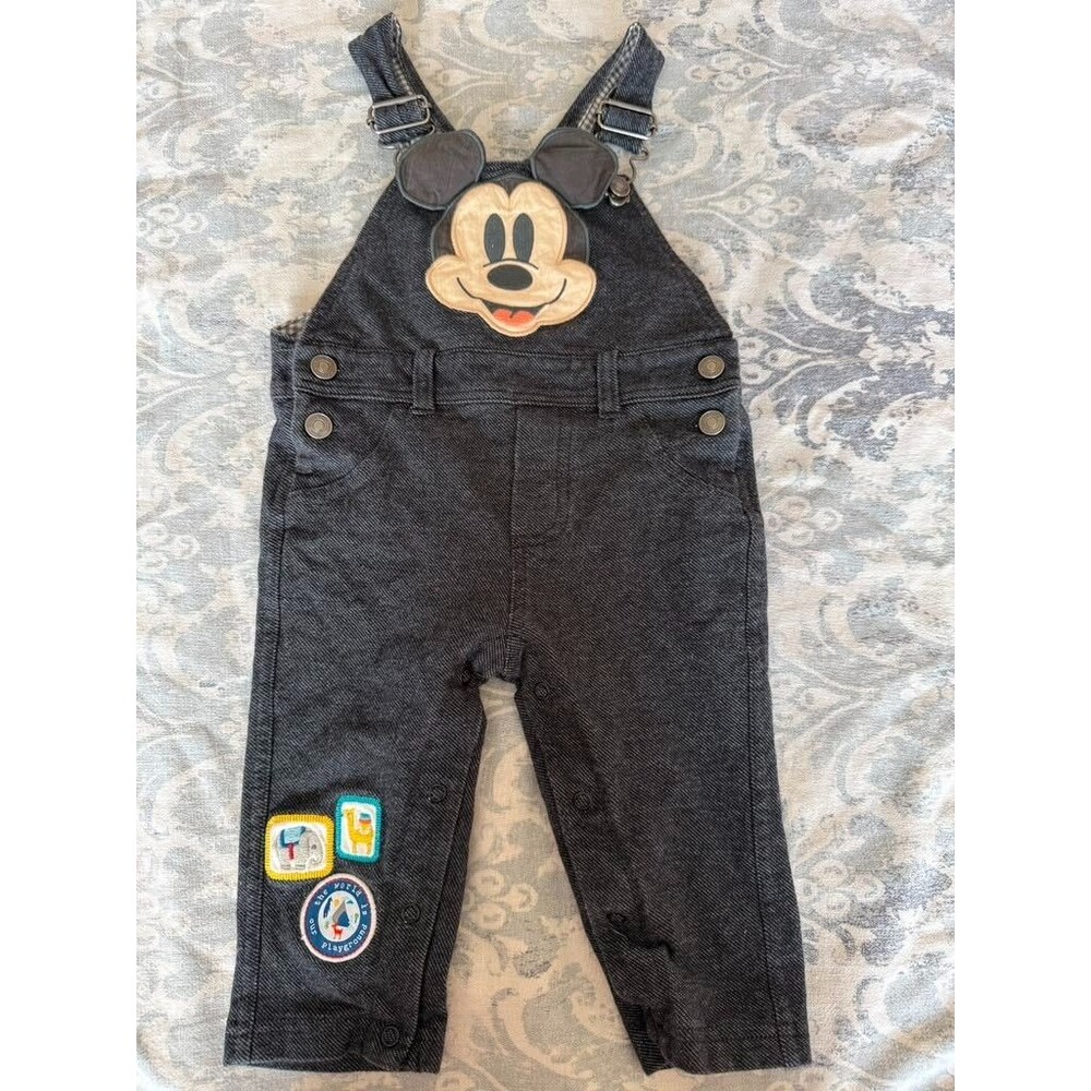 Disney Baby Mickey Mouse Overalls 9-12M Denim Jeans Embroidered Patches